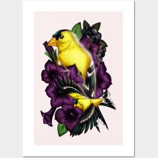 American Goldfinch Purple Orchids Posters and Art